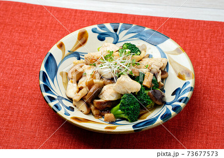 鶏むね肉、鶏ムネ肉とブロッコリーと椎茸の炒め物、市販のローストビーフソースを使って。 73677573