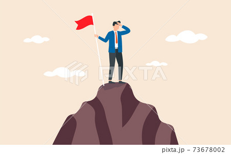 Business goal achievement, success career development or motivation and work or project accomplishment concept, confidence businessman standing proudly with flag on high mountain peak up hill. Business goal achievement, success career development or motivation and work or project accomplishment concept, confidence businessman standing proudly with flag on high mountain peak up hill. 73678002