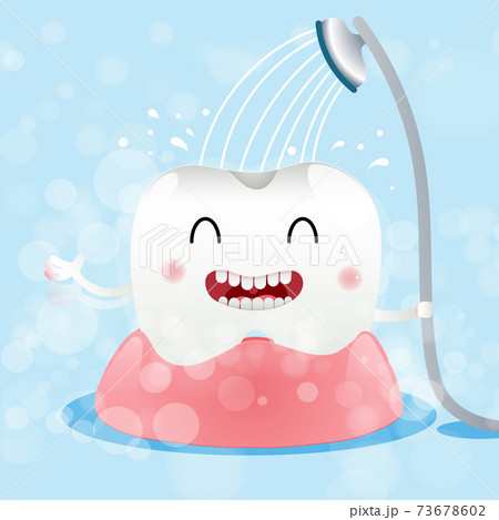 Cute cartoon with happy tooth character oral dental hygiene, taking a shower to clean the body, children dentistry concept. Vector Illustration Cute cartoon with happy tooth character oral dental hygiene, taking a shower to clean the body, children dentistry concept. Vector Illustration 73678602