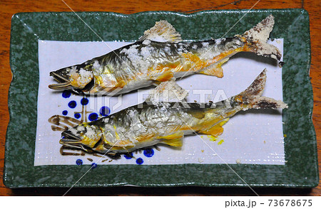 天然の綺麗な鮎に踊り串を打って、化粧塩を施し、塩焼きにした 天然の綺麗な鮎に踊り串を打って、化粧塩を施し、塩焼きにした 73678675