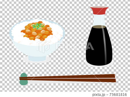 納豆ご飯と醤油のイラストセットのイラスト素材