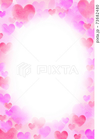 バレンタインイメージ素材 大中小の赤と桃色水彩ハートで作られた楕円フレーム 縦 枠内白 他色有りのイラスト素材