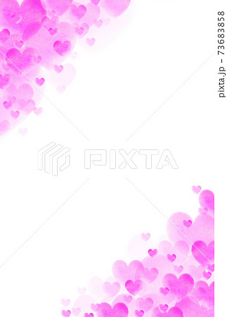 バレンタイン素材 大中小の桃色水彩ハートが左右斜め上下から湧き上がるイメージ 縦 枠内白 他色有りのイラスト素材
