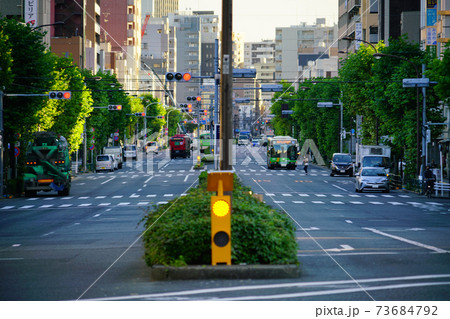 東京都心の車線が複線化された複雑な道路（荒川区三ノ輪） 73684792