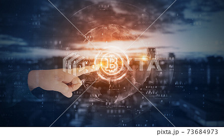 Hands touch bitcoin blockchain cryptocurrency digital encryption, Digital money exchange, Technology global network connections background concept. 3D Rendering 73684973