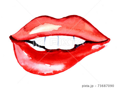 Sexy red lips. Ink and watercolor drawing 73687090