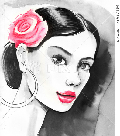 Pretty flamenco dancer with a red rose flower. Ink and watercolor drawing Pretty flamenco dancer with a red rose flower. Ink and watercolor drawing 73687394