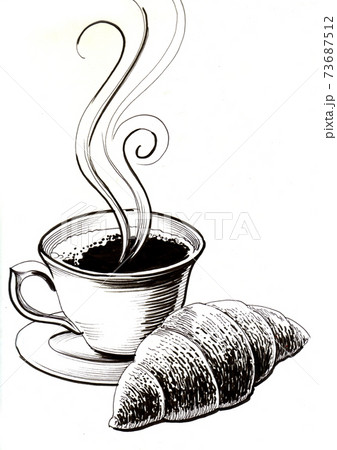 Cup of coffee and croissant. Ink black and white drawing Cup of coffee and croissant. Ink black and white drawing 73687512