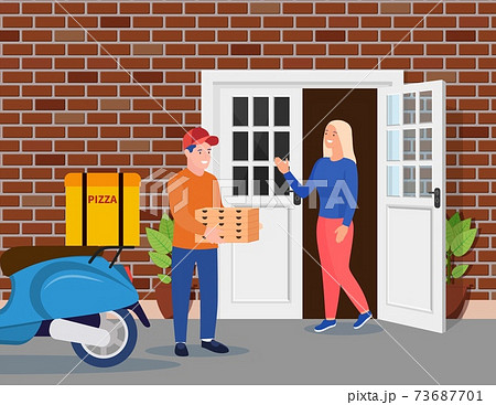 delivery man bringing a pile of pizza boxes 73687701