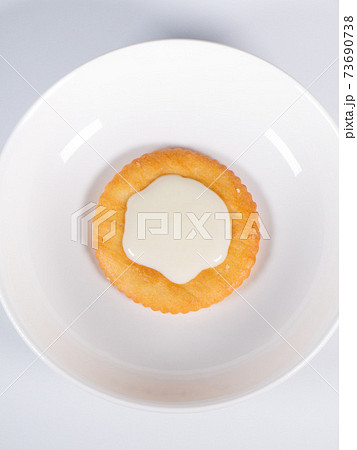 ホワイトチョコレートを乗せた丸いクラッカー ホワイトチョコレートを乗せた丸いクラッカー 73690738