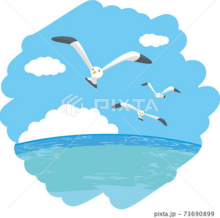 海の上を飛んでいる3羽のカモメ イメージイラストのイラスト素材