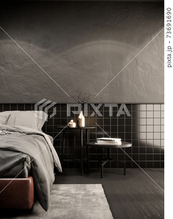 interior of modern loft bedroom. there have gray concrete and black tile wall. 3d render background 73691690