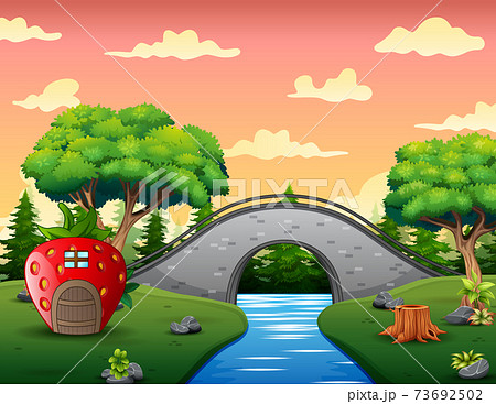 Background of nature landscape with arch bridge and strawberry house Background of nature landscape with arch bridge and strawberry house 73692502