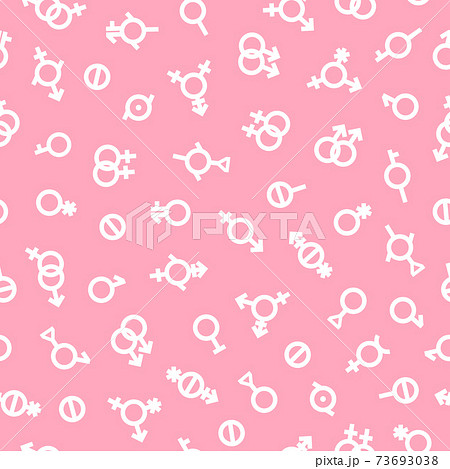 LGDT pride Gender Seamless pattern. Bigender, agender, neutrois, asexual, lesbian, homosexual, bisexual icon orientation. Vector pink and white surface background. Sexual human identity illustration. 73693038