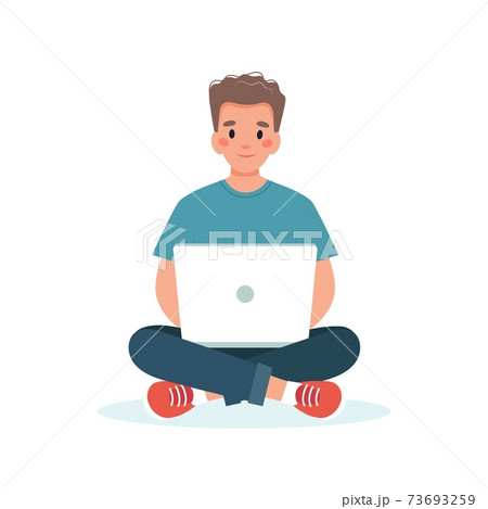 Man with a laptop working, student or remote work concept 73693259