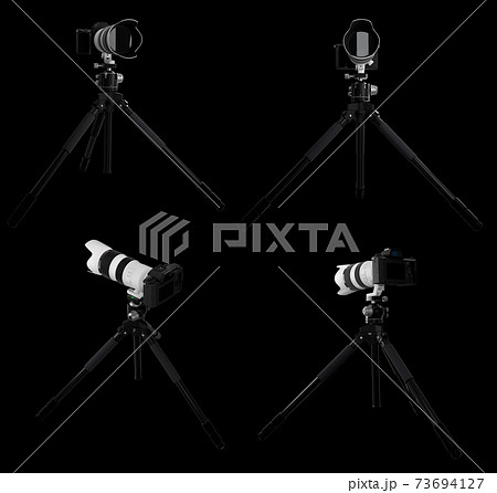 Photo and video tripod with nonexistent DSLR camera on it isolated on black Photo and video tripod with nonexistent DSLR camera on it isolated on black 73694127