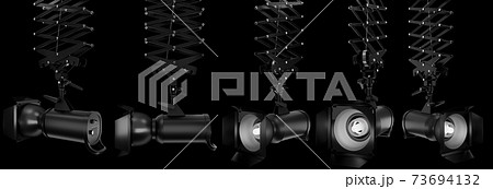 Photography studio flash on ceiling pantograph isolated on black with curtain. Photography studio flash on ceiling pantograph isolated on black with curtain. 73694132