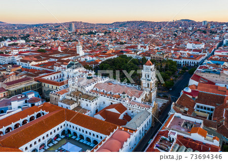 Aerial view of old streets of the colonial city Sucre, Bolivia. 73694346
