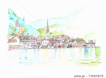 Cityscape Of World Heritage Hallstatt Austria Stock Illustration