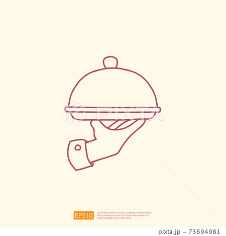 food service icon with hand holding dome plate dish. line doodle style icon vector illustration 73694981