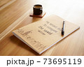Notebook, laptop, pen and cup of coffee sitting on top of a wooden table 73695119