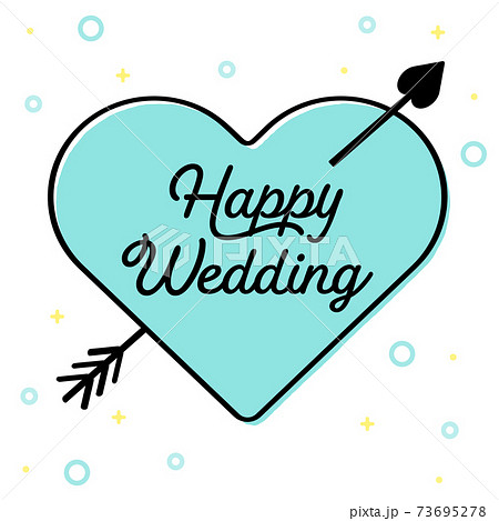 水色のハートにキューピッドの矢が刺さったhappy Weddingの文字入りブライダル素材のイラスト素材