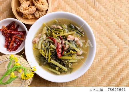 Northern Thai food (Pak Kad Jor), Sour soup Thai flowering bok choy with pork 73695641