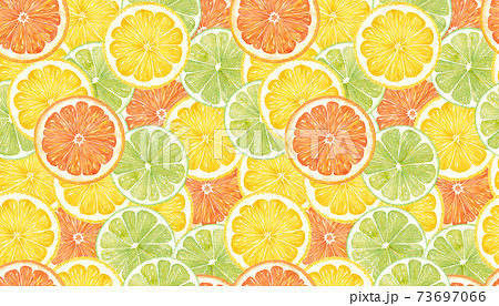 シトラスのスライスを敷き詰めたシームレスパターン レモンとライムとオレンジの水彩イラスト のイラスト素材