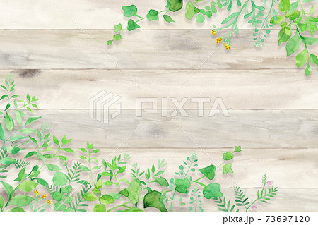 木目を背景にしたグリーンの草花の2隅装飾フレーム 水彩イラスト 影あり のイラスト素材