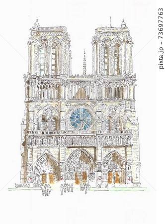 世界遺産の街並み・フランス・パリのノートルダム寺院のイラスト素材