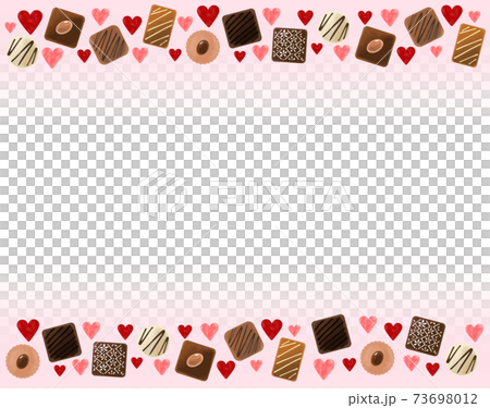 バレンタインに使えるチョコレートとハートのイラストフレーム 上下ライン ピンク背景のイラスト素材