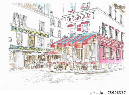 ヨーロッパの街並み フランス パリ モンマルトルのカフェのイラスト素材