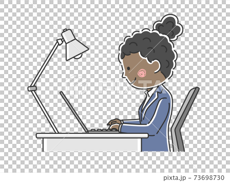 Illustration of a black business woman working on a laptop at a desk 73698730