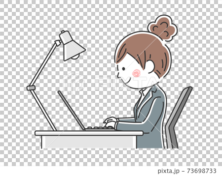 机でノートパソコン作業をする日本人ビジネスウーマンのイラストのイラスト素材