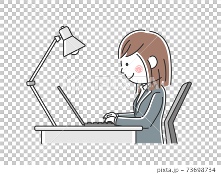 机でノートパソコン作業をする日本人ビジネスウーマンのイラストのイラスト素材