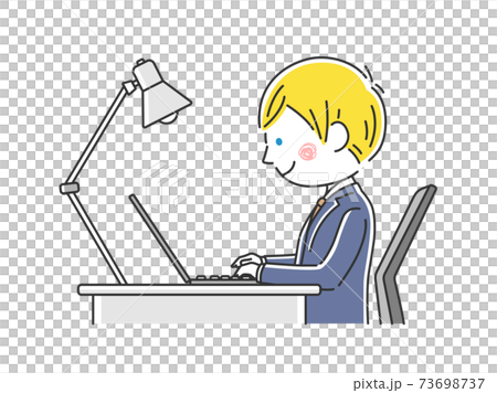 机でノートパソコン作業をする白人ビジネスマンのイラストのイラスト素材