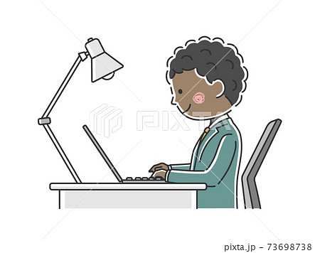 机でノートパソコン作業をする黒人ビジネスマンのイラストのイラスト素材