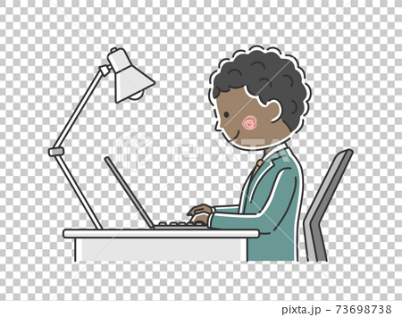 机でノートパソコン作業をする黒人ビジネスマンのイラストのイラスト素材