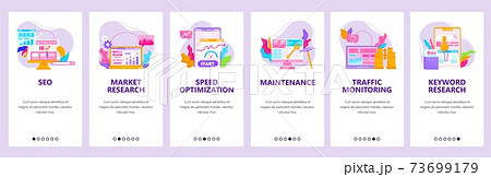 Seo optimization, traffic monitoring, market and keyword research. Mobile app screens, vector website banner template. Seo optimization, traffic monitoring, market and keyword research. Mobile app screens, vector website banner template. 73699179