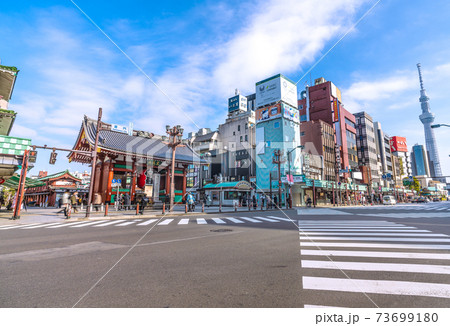 日本の東京都市景観 浅草寺や東京スカイツリーなどを望む 日本の東京都市景観 浅草寺や東京スカイツリーなどを望む 73699180