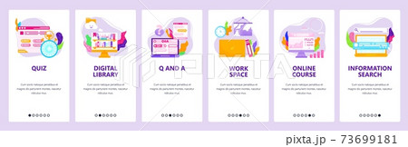 Online course, quiz, digital library, distance education. Mobile app screens, vector website banner template. Online course, quiz, digital library, distance education. Mobile app screens, vector website banner template. 73699181