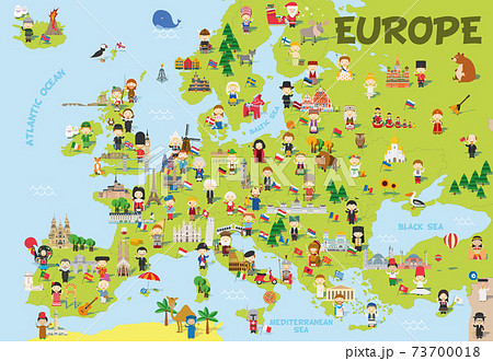 Funny cartoon map of Europe with childrens of different nationalities, representative monuments, animals and objects of all the countries. Vector illustration for preschool education and kids design. 73700018