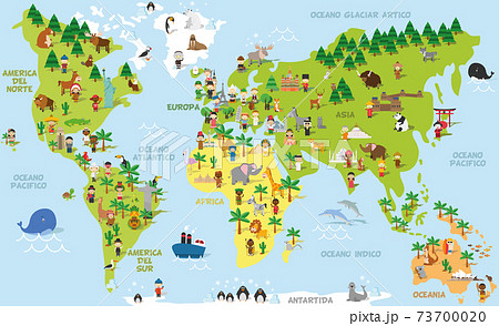 Funny Cartoon World Map With Childrens Of のイラスト素材