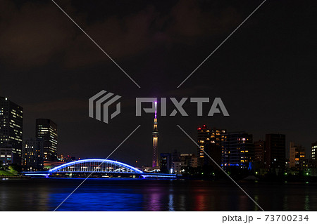 晴海から臨む永代橋と東京タワーの見える夜景 73700234