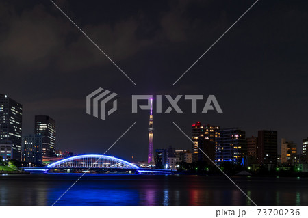 晴海から臨む永代橋と東京タワーの見える夜景 73700236