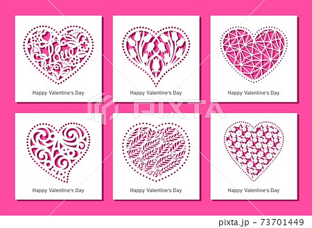 Set of square greeting cards with carved openwork hearts with floral and geometric patterns. Gift, invitation or congratulation for Valentine's Day. Template for plotter cutting out of paper. Vector. 73701449