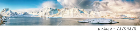 Fabulous winter view on Torsfjordenn fjords during sunny day. 73704279