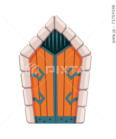Fairytale door medieval. Element of medieval castle or fortres. Wooden portal with stone arch, forged metal hinges. Vector cartoon gate isolated on white background 73704596