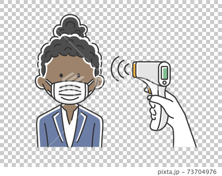 Illustration of a black business woman whose temperature is measured with an infrared thermometer 73704976