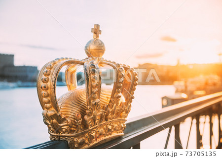 Stockholm, Sweden. Skeppsholmsbron - Skeppsholm Bridge With Its Famous Golden Crown In Stockholm, Sweden. Popular Place Landmark Destination. Scandinavia Travel Visit Vacation 73705135